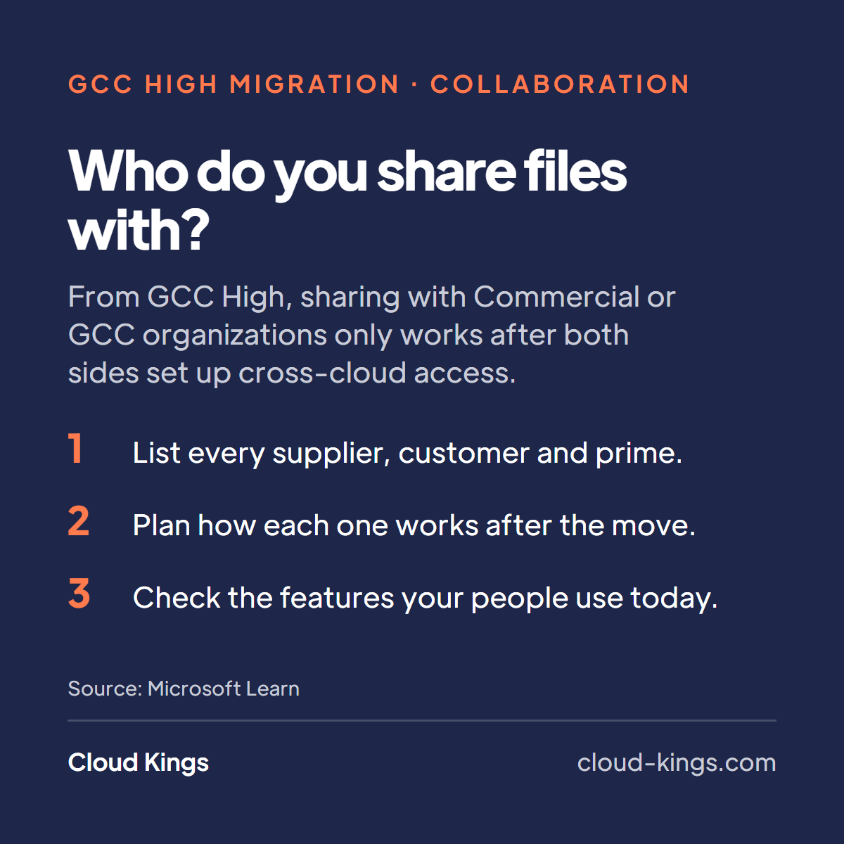 Cloud Kings flyer: from GCC High, sharing with Commercial or GCC organizations only works after both sides set up cross-cloud access.